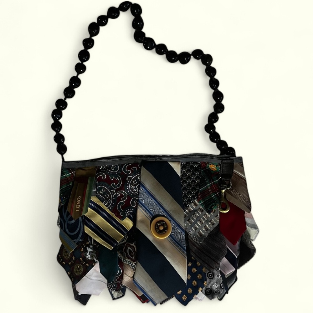 Handmade Tie Purse with Gold Coach Hardware & Wooden Beads – Unique + Upcycld